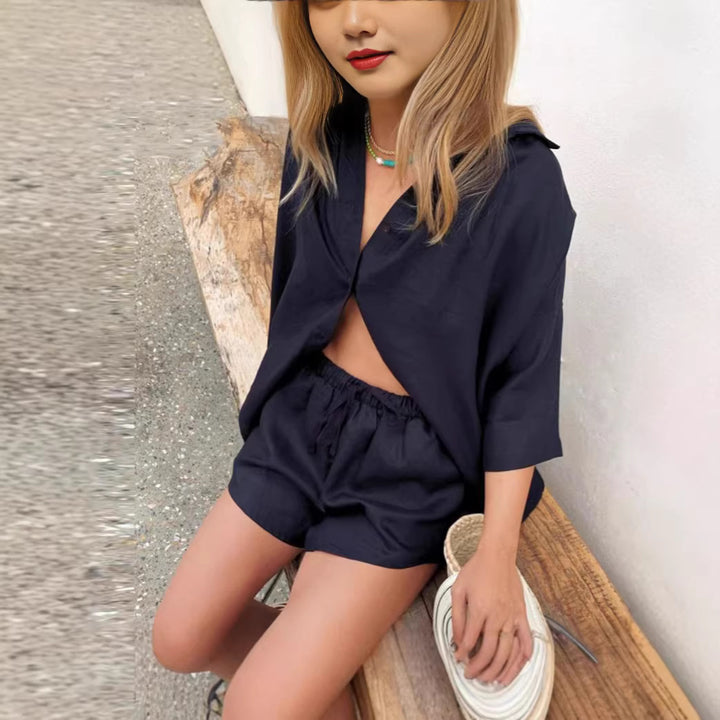 Damer luftig linnebluse med shorts Skjora
