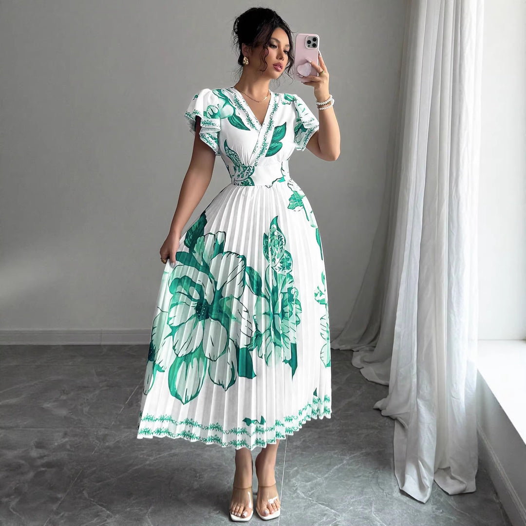 Damer Plisse Maxi Jersey Kjole med blomsterdetaljer og V-utsnitt Skjora