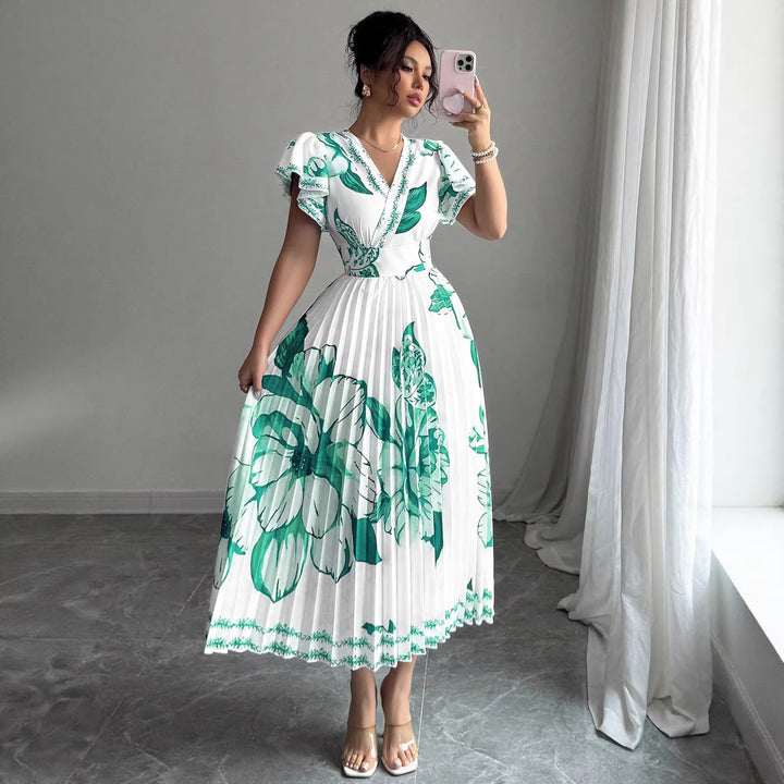 Damer Plisse Maxi Jersey Kjole med blomsterdetaljer og V-utsnitt Skjora