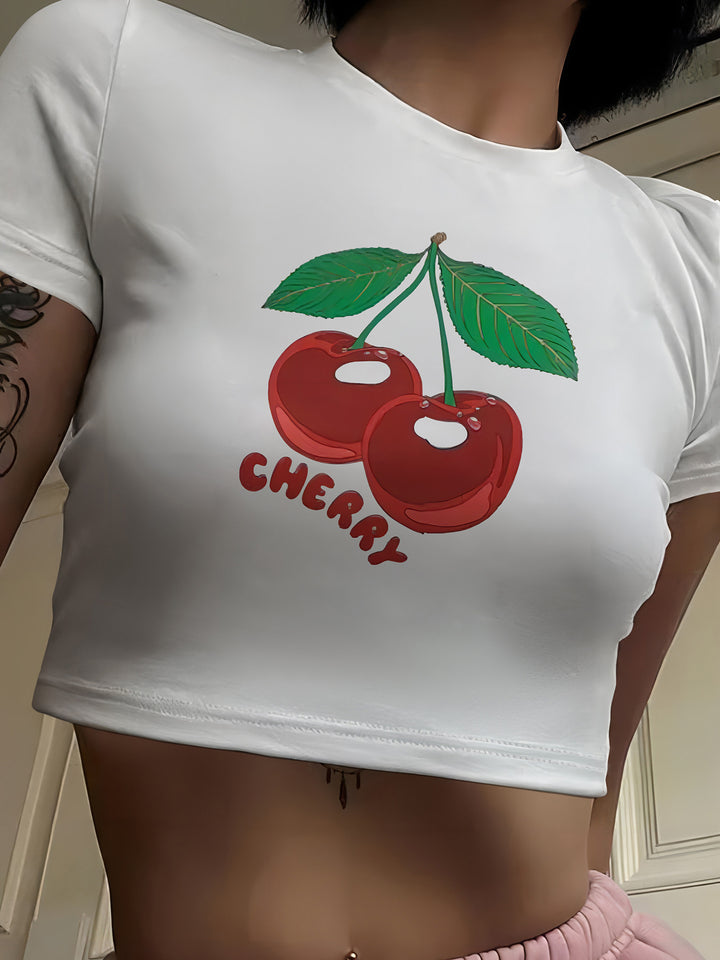 Dame Crop-T-skjorte med fruktig kirsebærdesign og løs passform Skjora