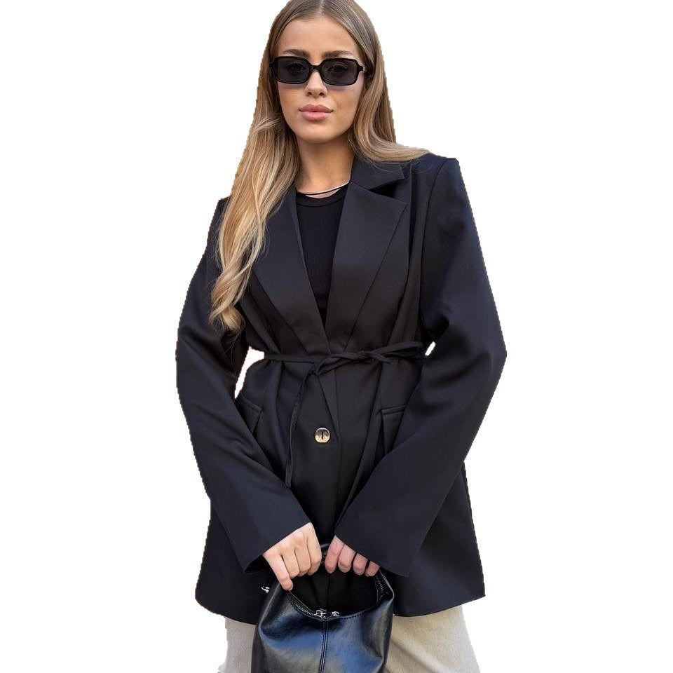 Dames trendy oversized blazerjakke med midjebelte Skjora