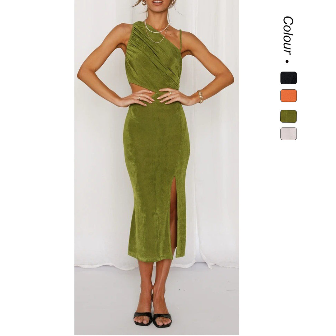 Damer Elegant Midi Kjole med Unik Asymmetrisk Design og Side U-cut-out Skjora