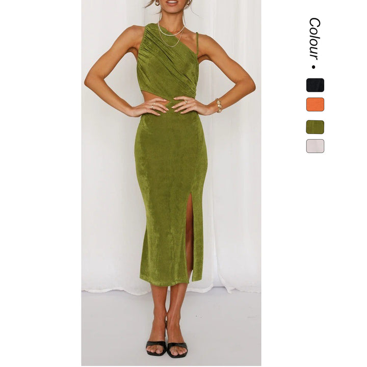 Damer Elegant Midi Kjole med Unik Asymmetrisk Design og Side U-cut-out Skjora