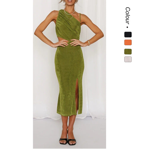 Damer Elegant Midi Kjole med Unik Asymmetrisk Design og Side U-cut-out Skjora
