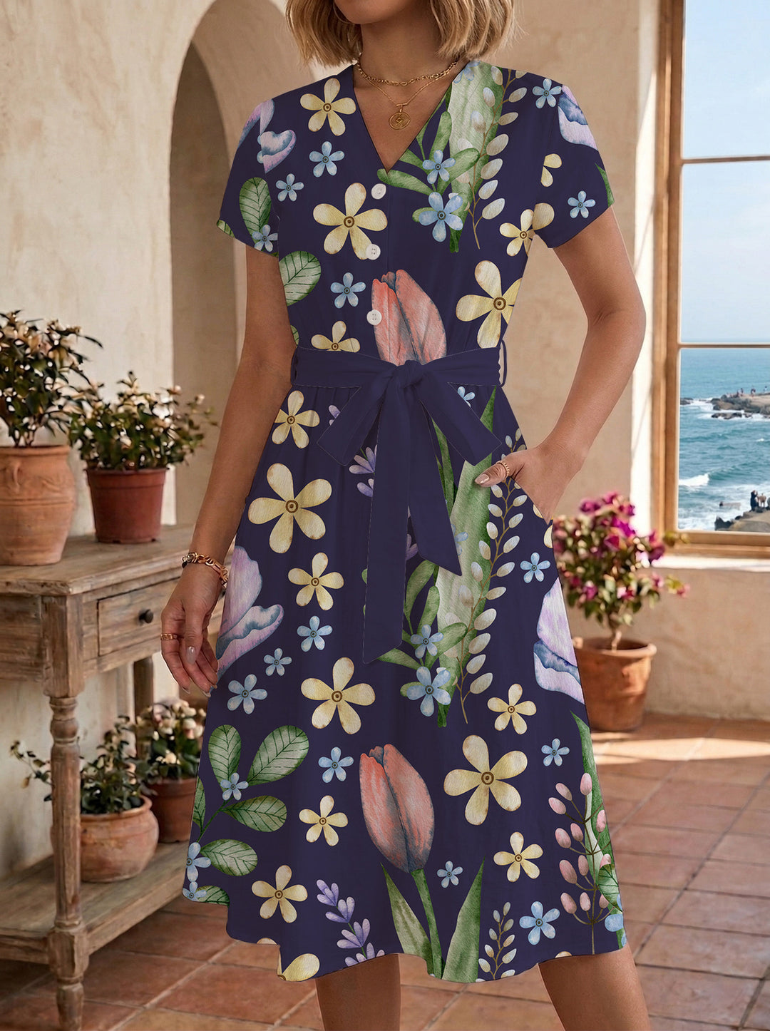 Damen Midikleid mit floralem Muster und Taillengürtel Skjora