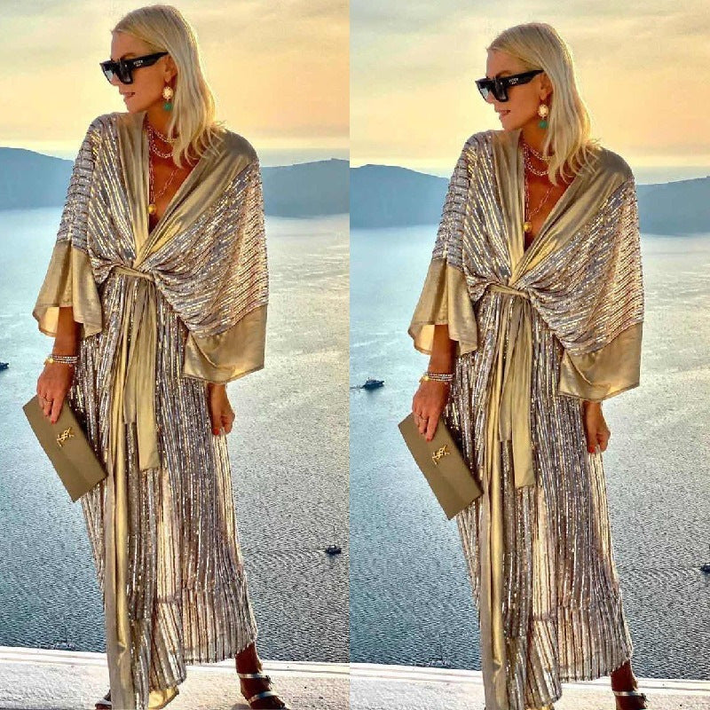Damer Glitrende Maxi Kjole med Elegant Innpakningsdesign og Strømmende Ermer