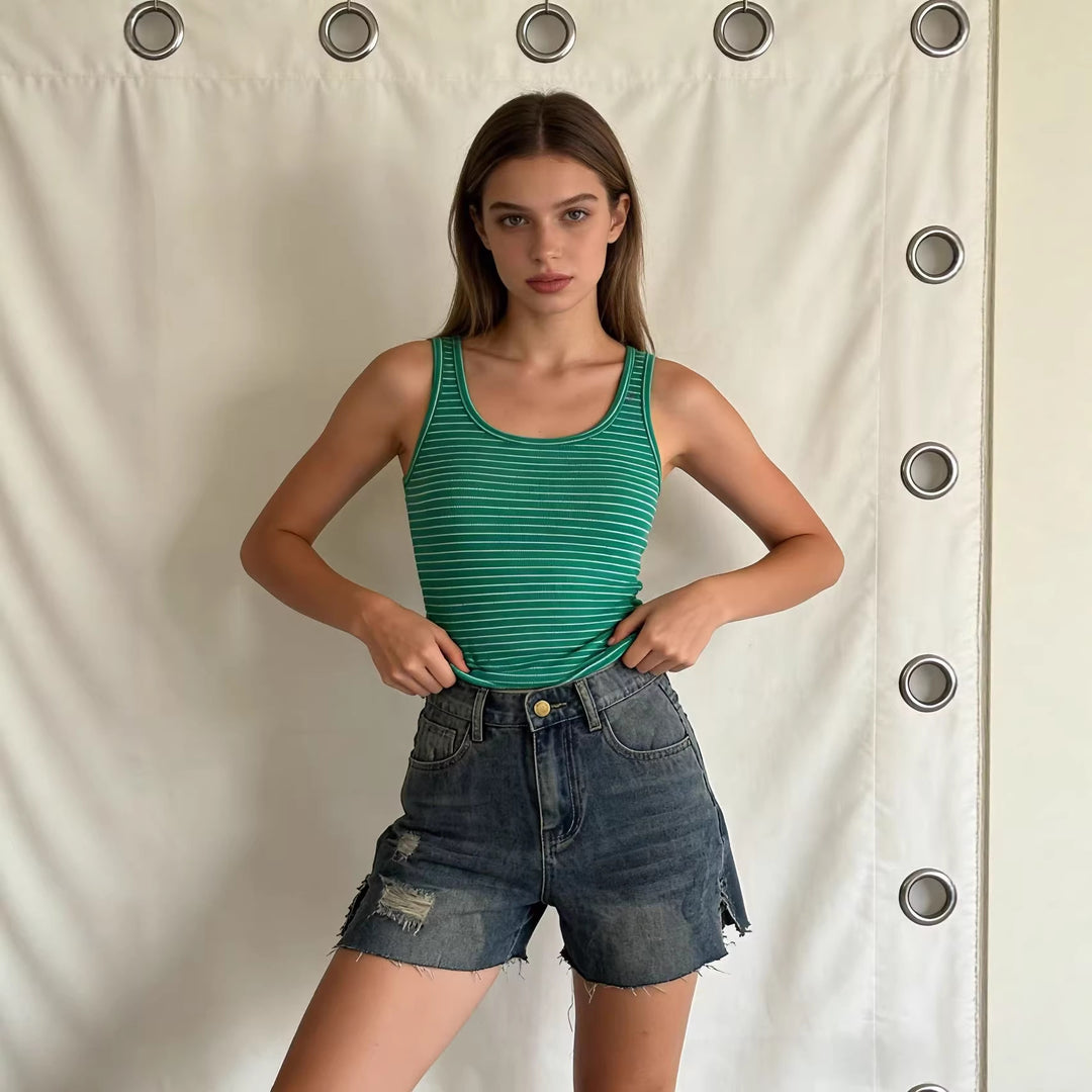 Damer casual jeansshorts med frynset avslutning og sidelapp Skjora