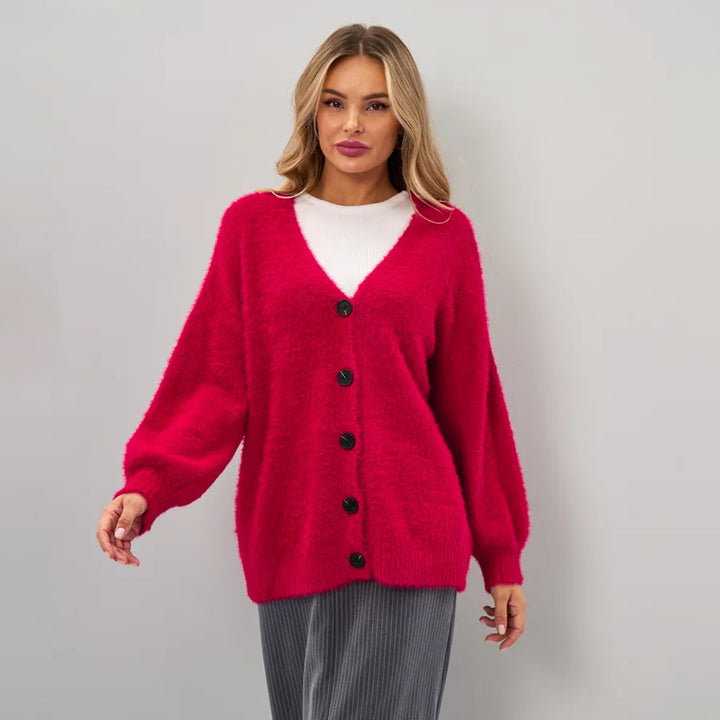 Damer Fluffy Cardigan med Dyp V-Utringning og Knapp Detaljer Skjora