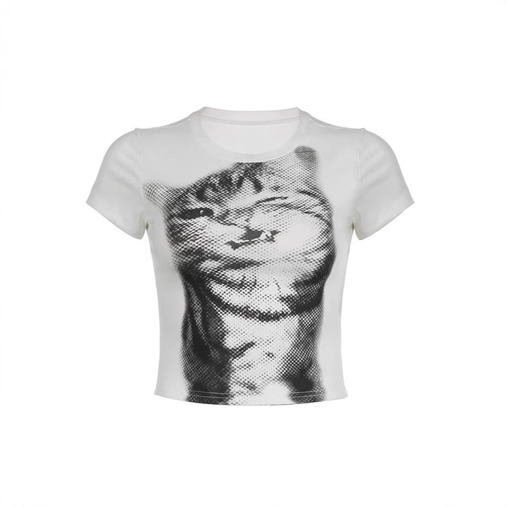 Dame Crop-T-skjorte med kreativt kattmotiv Skjora