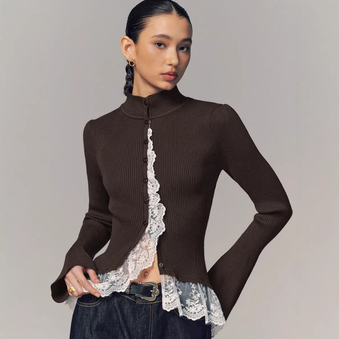 Damer cardigan med blonderkant og moderne peplum Skjora
