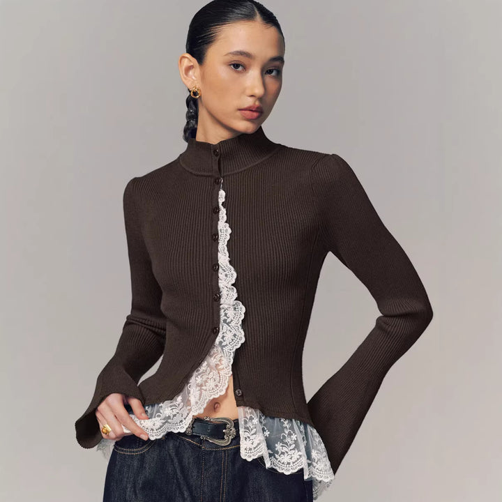 Damer cardigan med blonderkant og moderne peplum Skjora