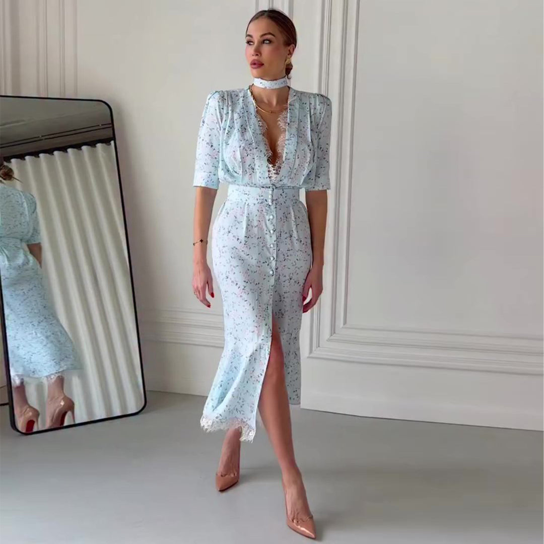 Dame Elegant Midi Kjole med Skinner Chiffon og Dyp V-Hals