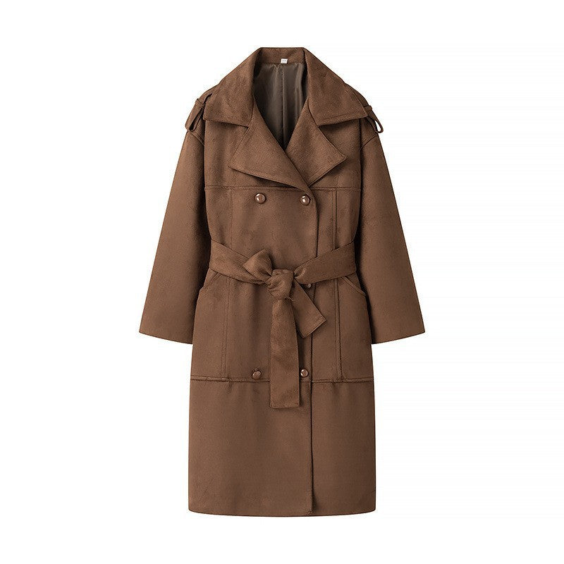 Kvinnes Elegant Suede Trench Coat med Praktiske Lommer og Livbelte Skjora