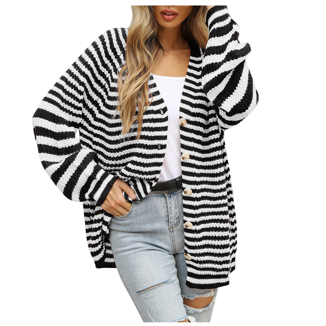 Dame casual cardigan med bred stripe mønster og knapp detalj Skjora