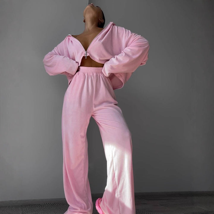 Dame Fashion Velours Sett med cropped topp og vide bukser Skjora