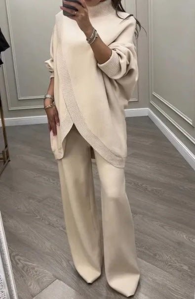 Kvinnelig Cozy Knit Ensemble med Oversized Genser og Vide Bukser Skjora