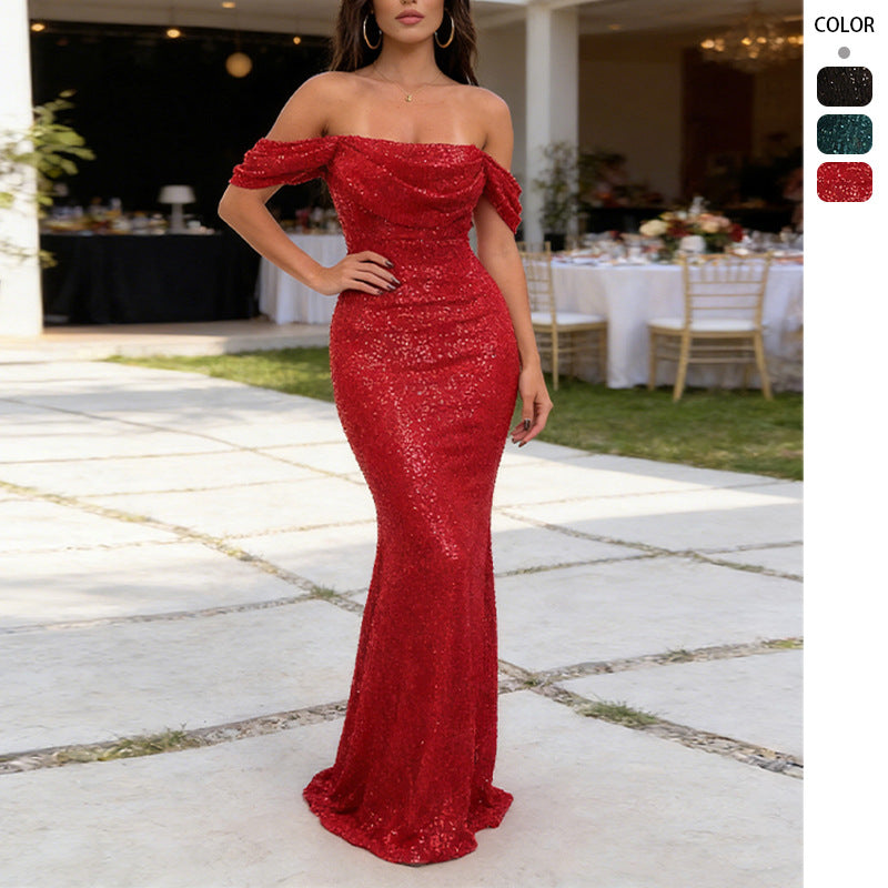 Kvinnes funklende kveldskjole med off-the-shoulder design og tettsittende fasong