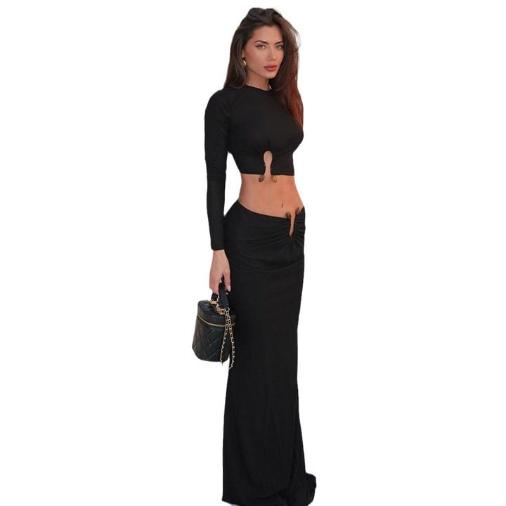 Dame Crop-Top og Maxi-Rock kombinasjon med høy splitt og elegant rynking Skjora