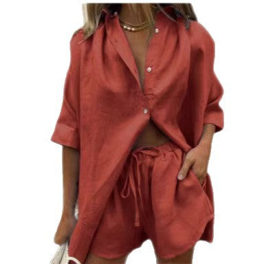 Damer luftig linnebluse med shorts Skjora