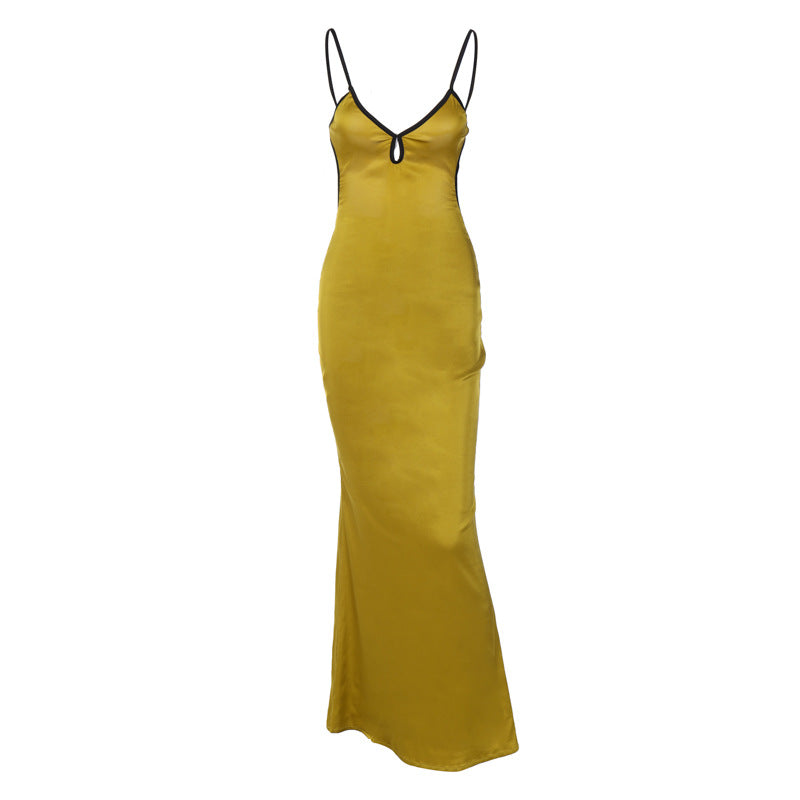 Damer Elegant Sateng Maxi Kjole med justerbare spaghetti stropper og dyp V-hals Skjora