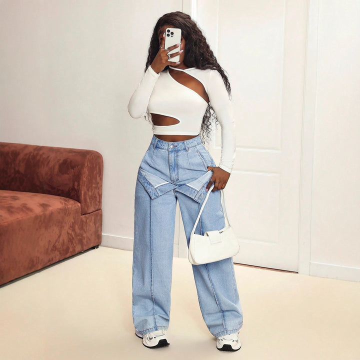 Kvinnenes vide jeans med innovativt snitt og asymmetrisk design Skjora