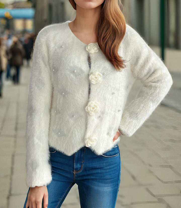 Dame fin cardigan med blomsterapplikasjoner og perleakcenter Skjora