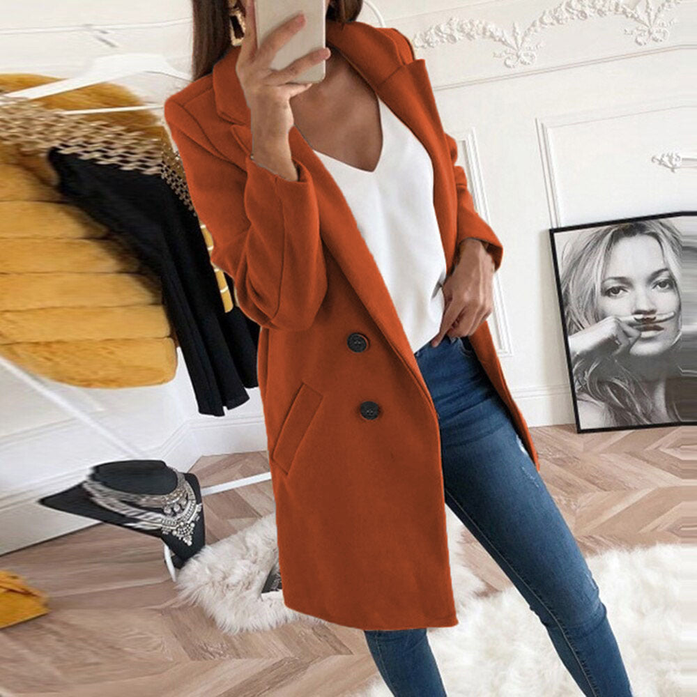Kjole elegant og varm lang blazer med dobbel knapplukking Skjora