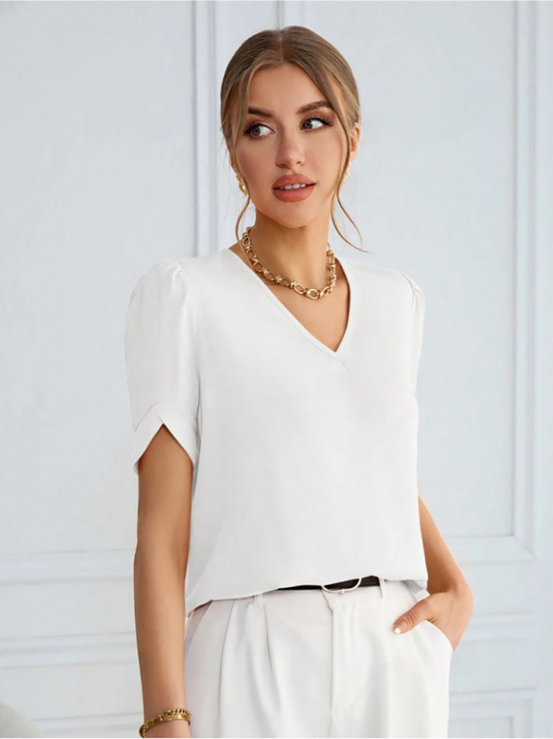 Damer V-halsbluse med puffermede