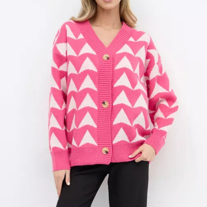 Kvinne cardigan med moderne bølgemønster og gullknapper Skjora