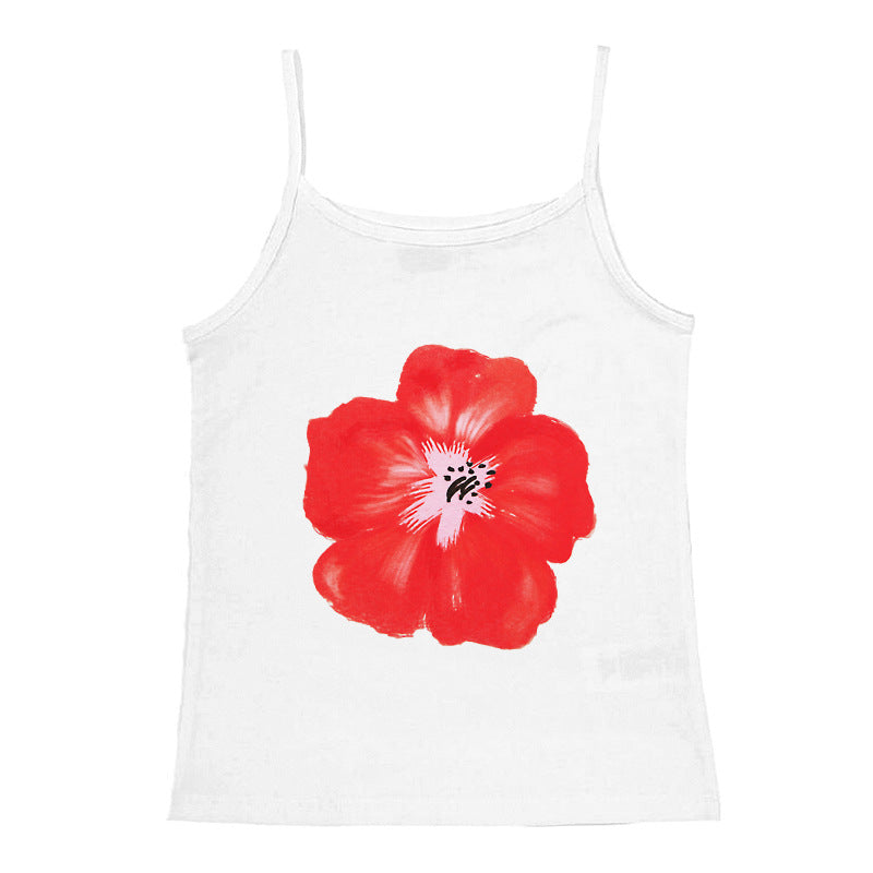Damer ermeløs topp med blomsterlig hibiskus-motiv Skjora