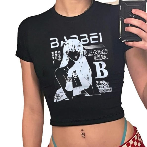 Dame Crop-T-skjorte med kreativt skjelettdesign og inspirerende tekst Skjora