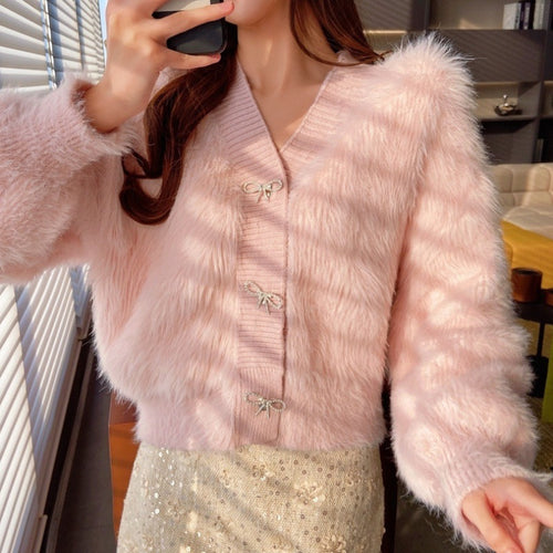 Kvinne Fluffy Cardigan med Elegant Knappdekorasjon Skjora