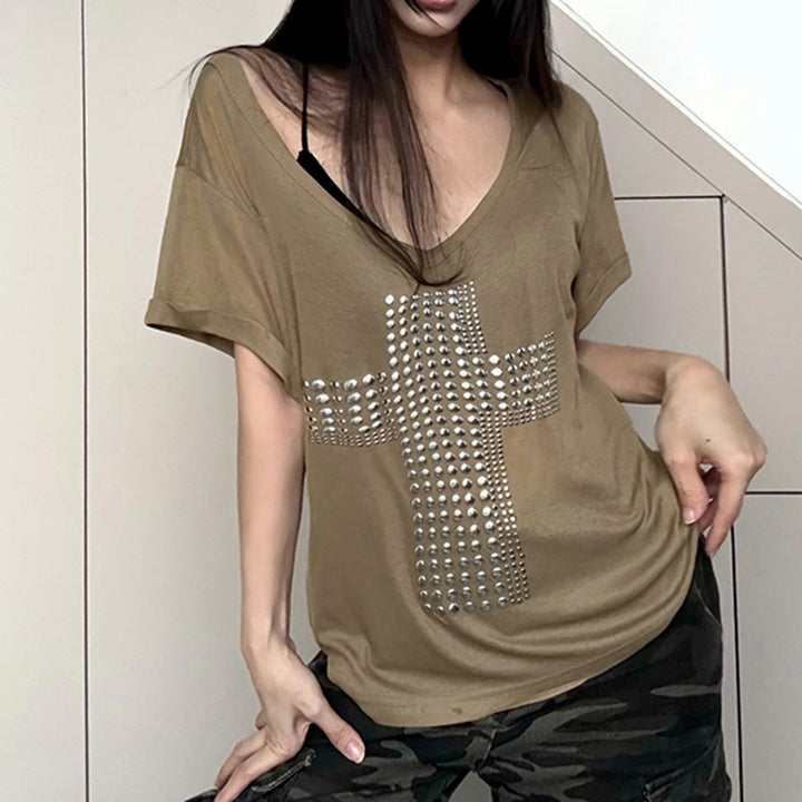 Dame T-skjorte med trendy V-hals og glitrende strasskors Skjora