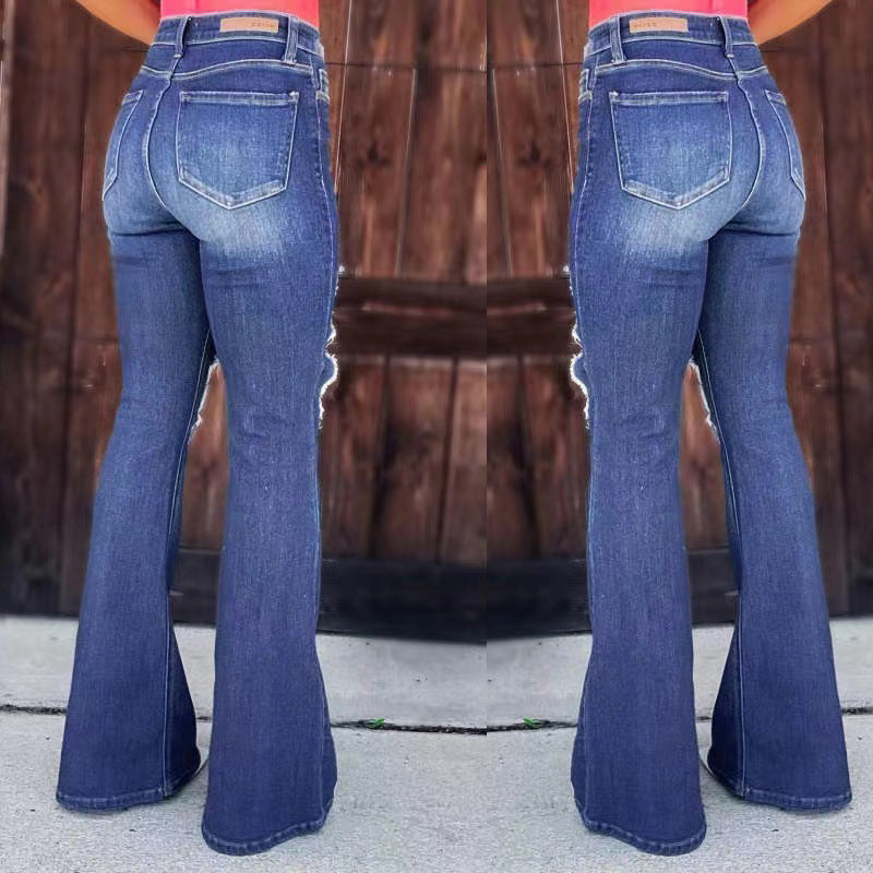Dame Flared Jeans med fashionable ødelagte effekter og høy midje Skjora