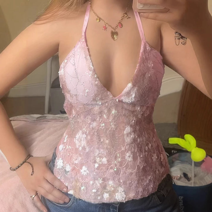 Dame spitze bandeau topp med blomsterapplikasjoner og justerbare stropper Skjora
