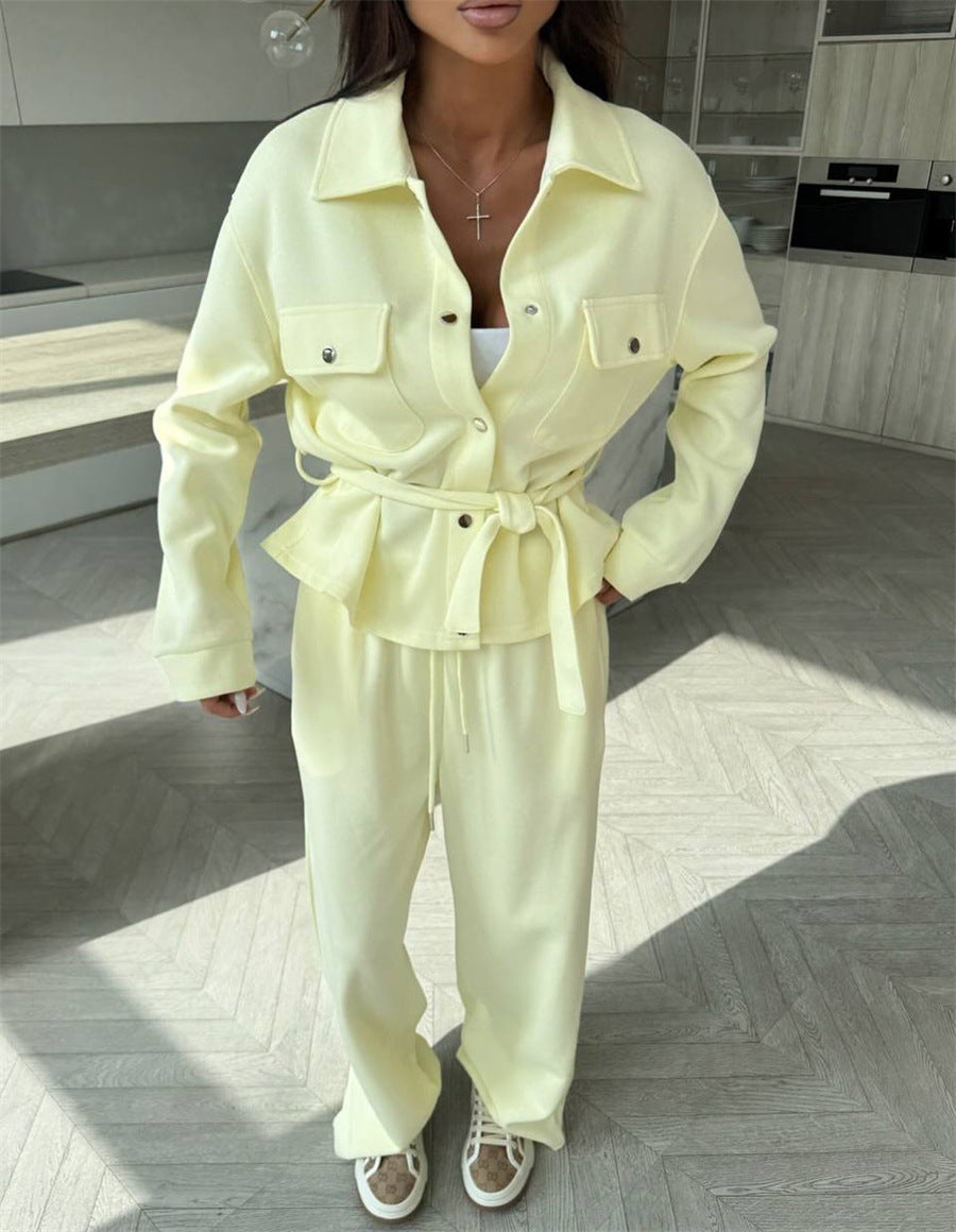 Dame Elegant Loungewear Sett med Casual Jakke og Vide Bukser Skjora