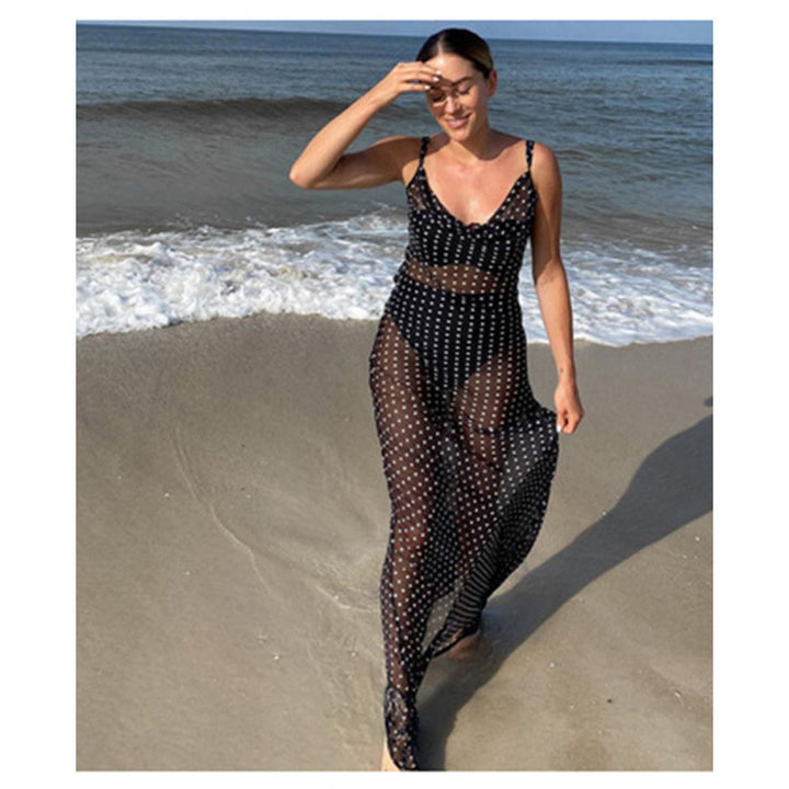 Dame gjennomsiktig strandkjole med polka-dot mønster og flytende snitt Skjora