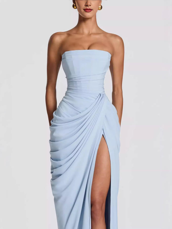 Dame Elegant Bandeau Kveldkjole med Rynker og Beinslitt Skjora
