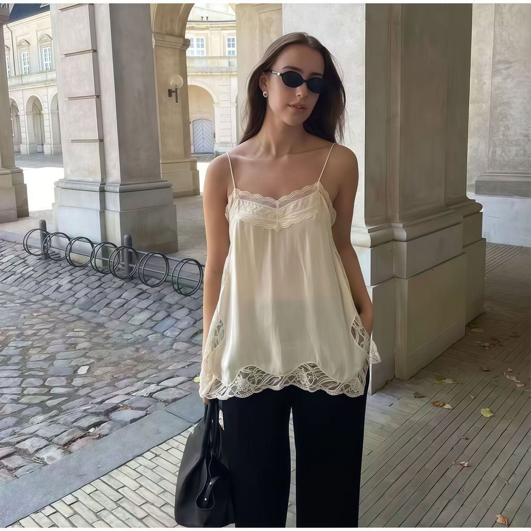 Damer elegant bluse med blonde og tynne stropper Skjora