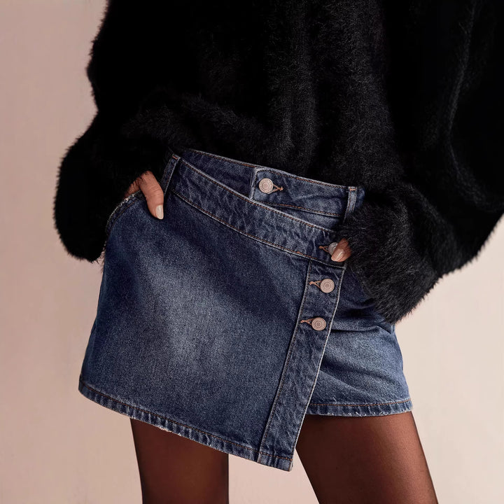Dame moteriktig A-linje denim skjørt med asymmetrisk knappdesign og praktiske lommer Skjora