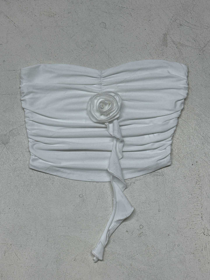 Damer strykefritt bustier-overdel med dekorativ rynking og blomsterapplikasjon Skjora