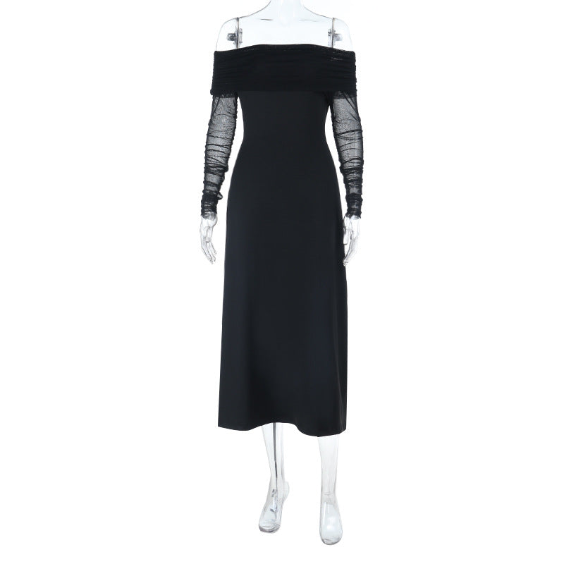 Dame elegant skulderfri midikjole med volangdetaljer og gjennomsiktige ermer Skjora