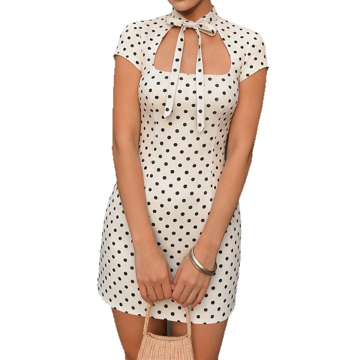 Dame Polka-Dots Minikjole med moderne krage og leken sløyfedetalj Skjora