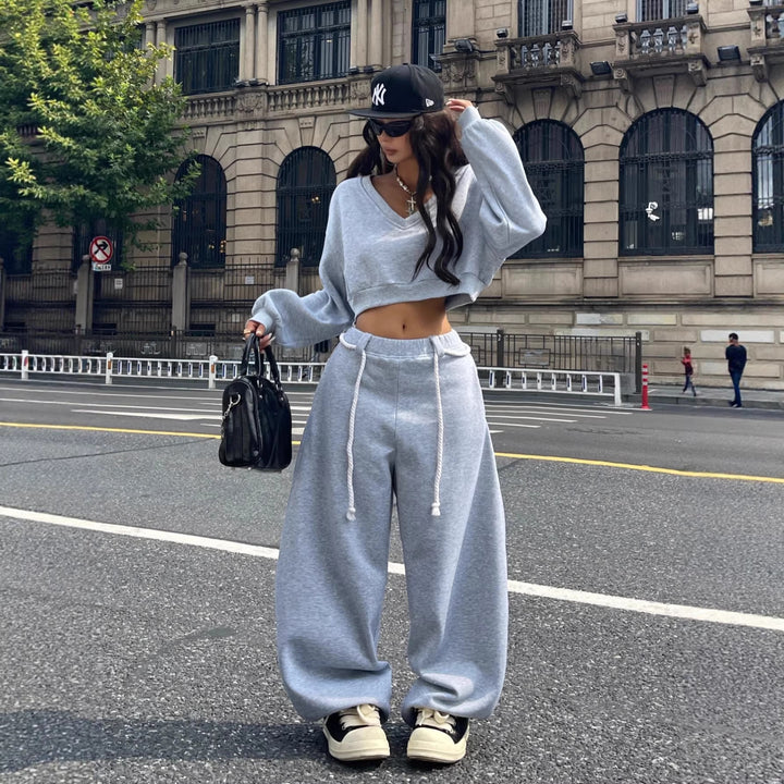 Kvinne casual crop topp og vide bukser sett Skjora
