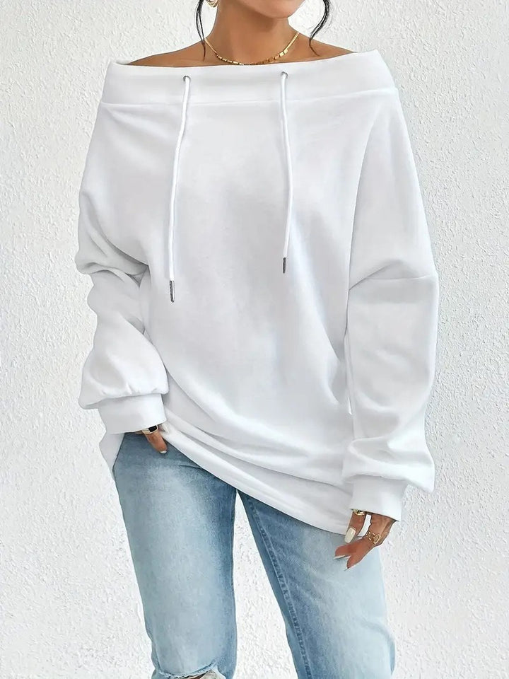 Dame casual oversized genser med åpen krage og praktiske snorene Skjora