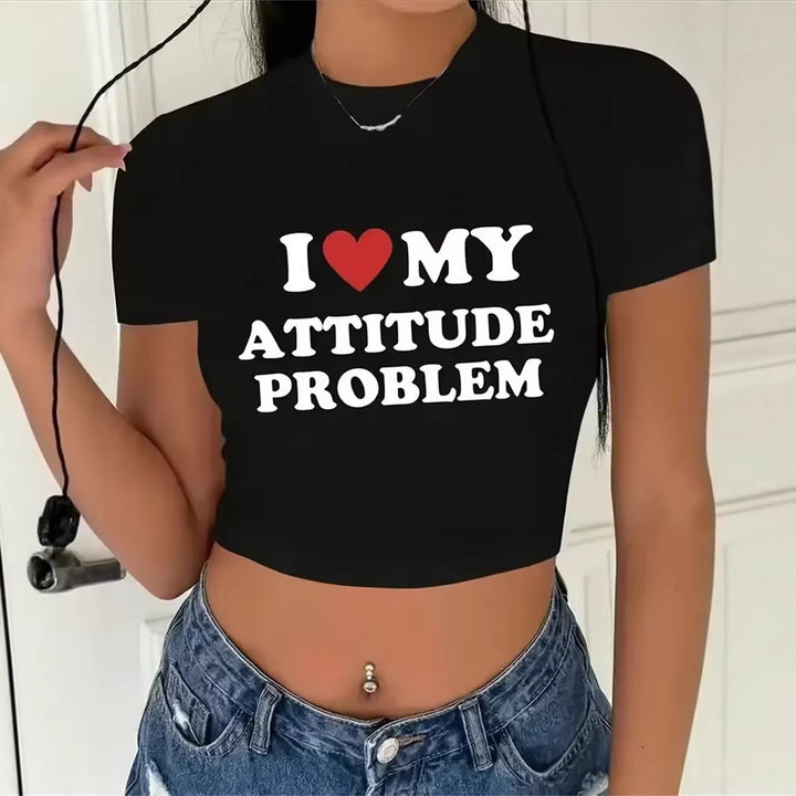 Dame Crop-T-skjorte med kreativ tekst og kroppsnær design Skjora