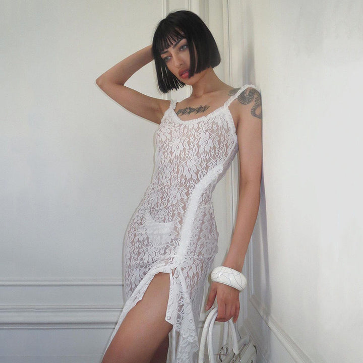 Damer Elegant Spets Maxi Kjole med Sideslag og Rynket Design Skjora