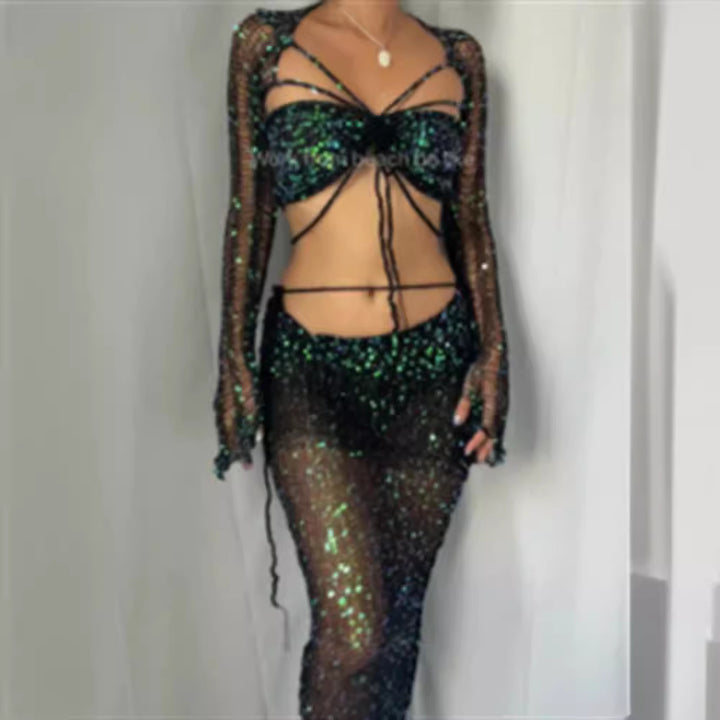 Dame Glitrende Nettbukser med Skinnende Paljetter og Elegant Design