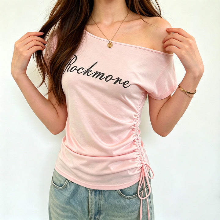 Damer Off-Shoulder T-skjorte med rynker og trendy trykk Skjora