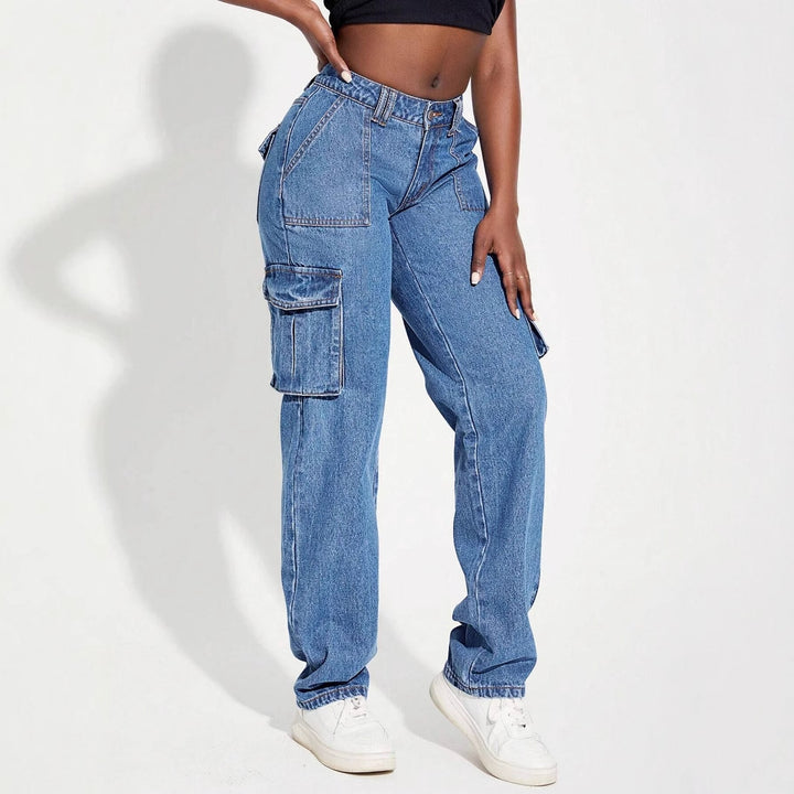 Dame cargo jeans med elastisk midjebånd og innovativt design